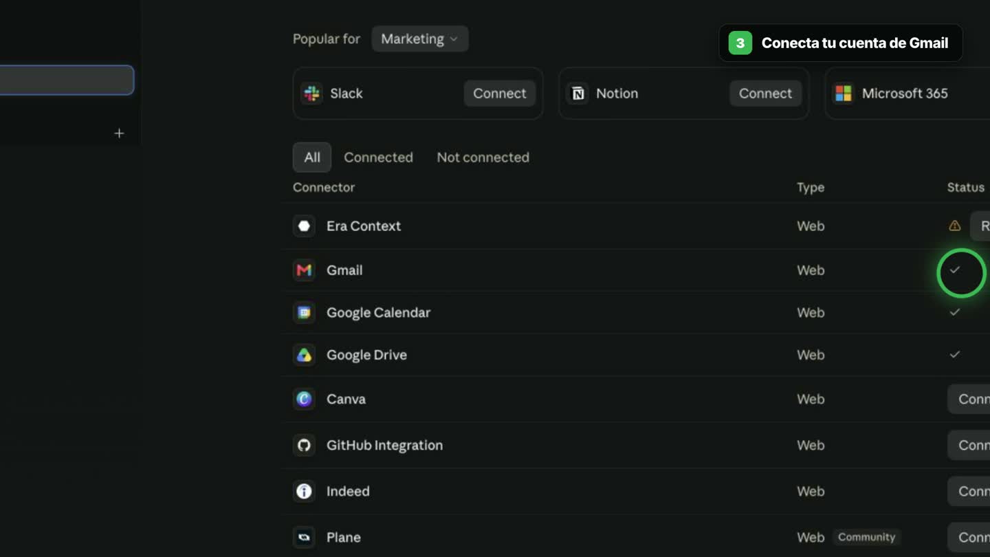 Gmail aparece conectado dentro de Claude Connectors como ejemplo